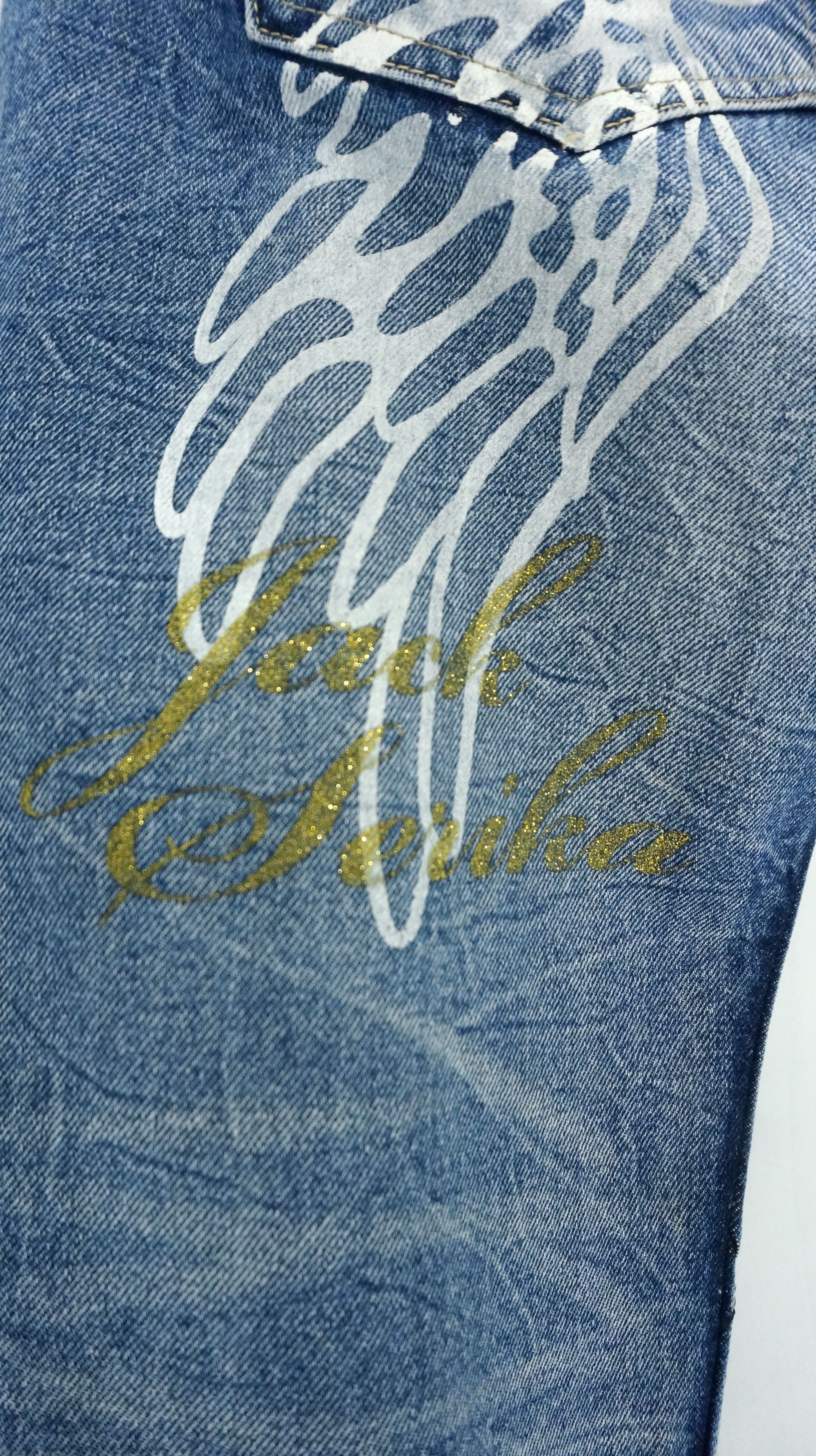 Japanese Brand VTG FLARE 🔥 JACK SERIKA Wings Printed Blue Jeans Size US 33 - 9 Thumbnail