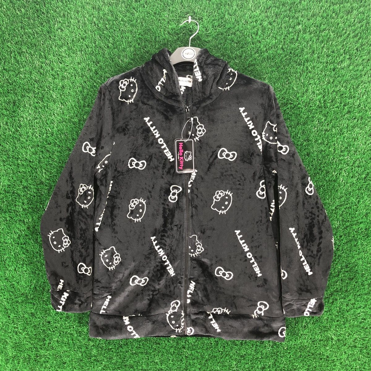 image of Cartoon Network x Print All Over Me Hello Kitty Fullprint Fleece Sweater Hoodie in Black (Size Medi