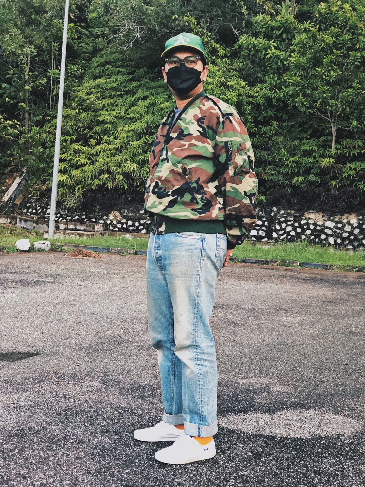 image of Vintage 90's Bomber Jacket Camouflage Woodland in Woodland Camo, Men's (Size XL)