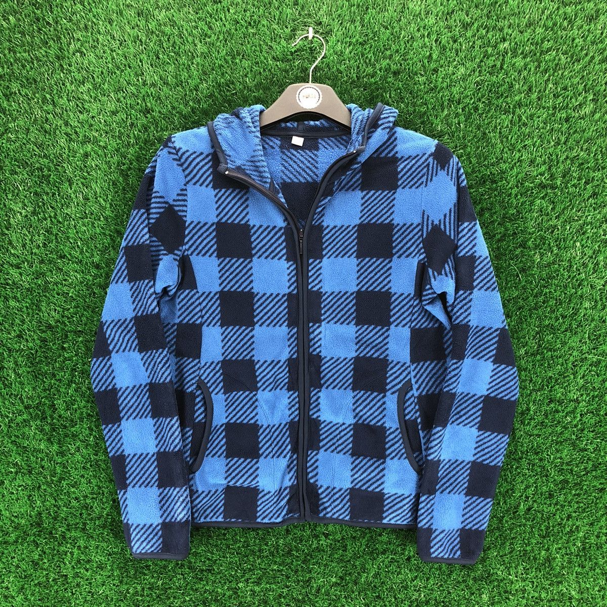 Image of Uniqlo Fleece Checkered Zipper Sweater Hoodie in Blue, Men's (Size XS)