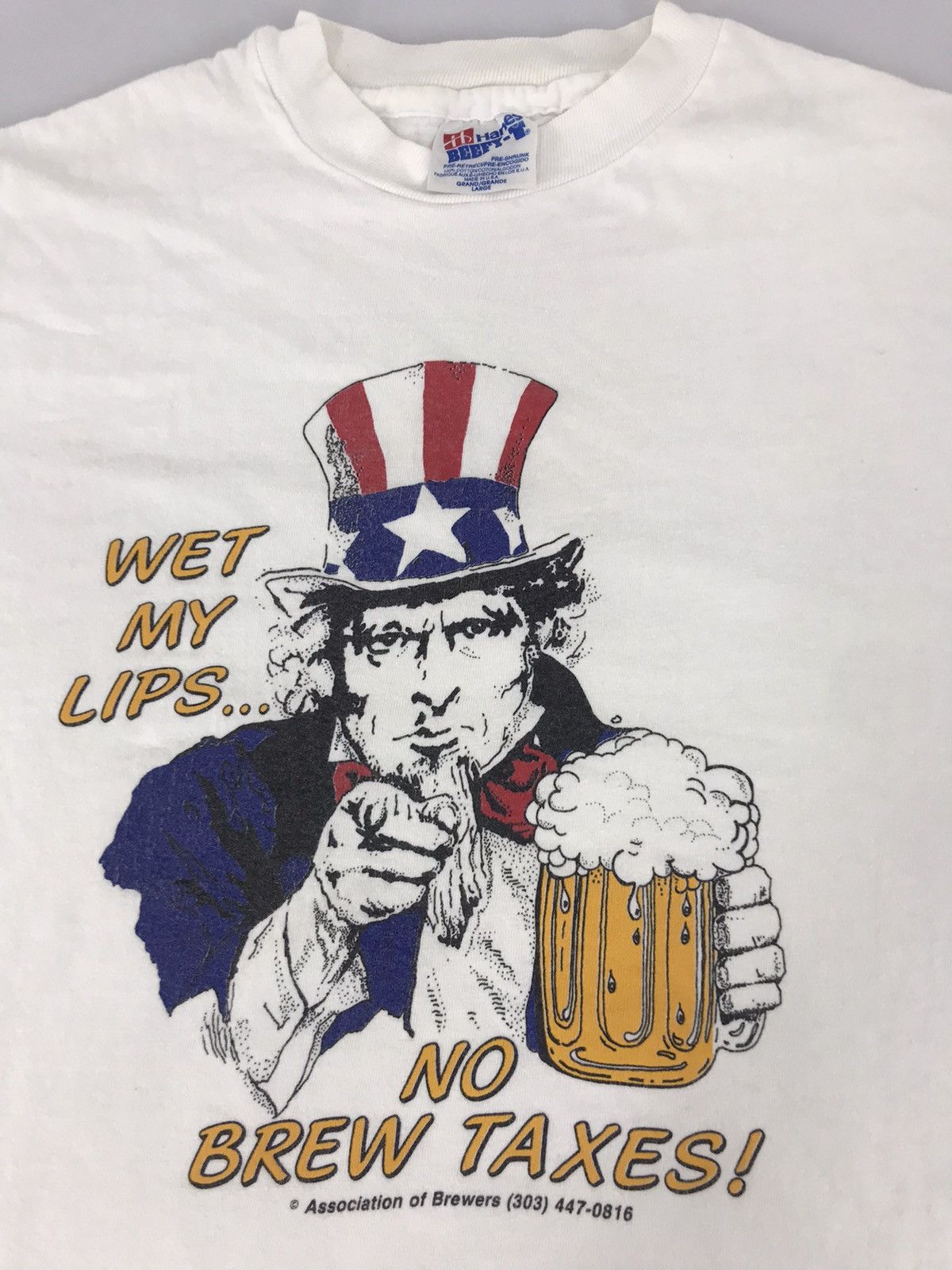 Hanes × Vintage Vintage Uncle Sam Wet My Lips No Brew Taxes Big Logo Tee Size US L / EU 52-54 / 3 - 1 Thumbnail