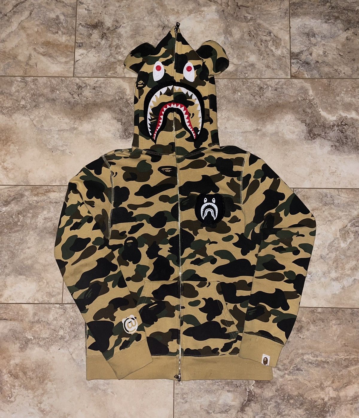 image of Bape X Medicom Bearbrick 1St Camo Shark Full Zip Hoodie in Yellow, Women's (Size Small)