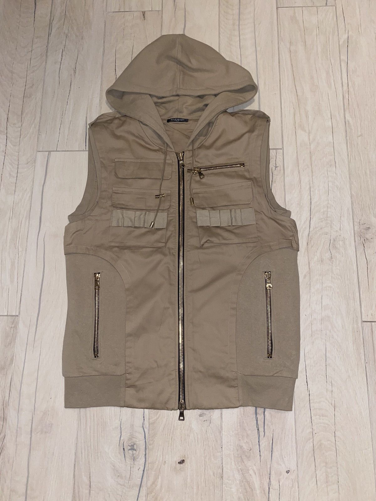 Balmain Sand Military Technical Sleeveless Hoodie