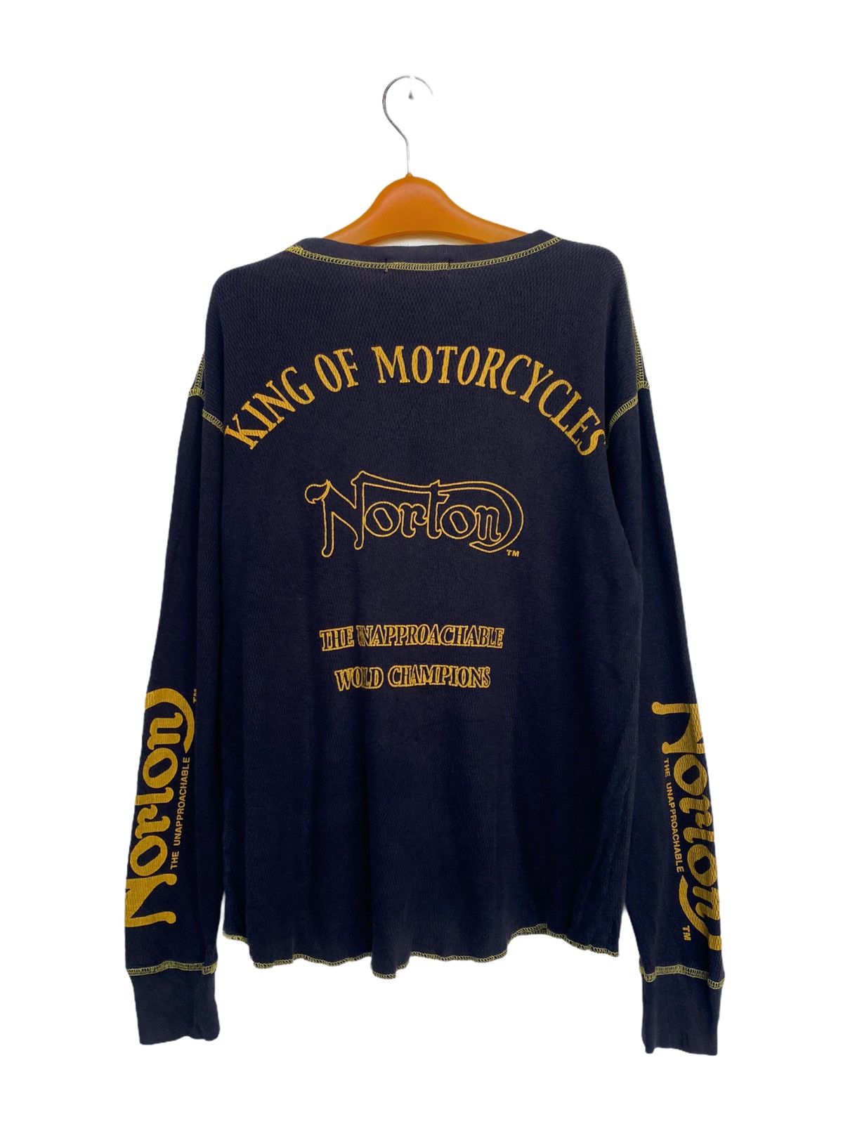 image of Vintage Norton Motorcycles Big Logo Long Sleeve Shirt in Dark Blue, Men's (Size Medium)