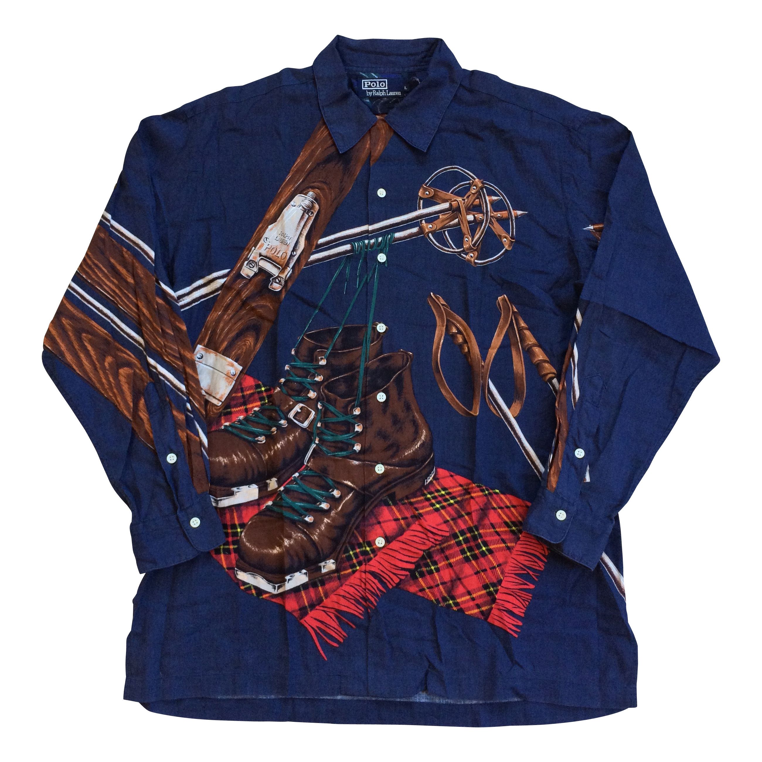 image of Vintage 90's Polo Ralph Laurent Ski Boots Button Up Shirt in Blue, Men's (Size Large)