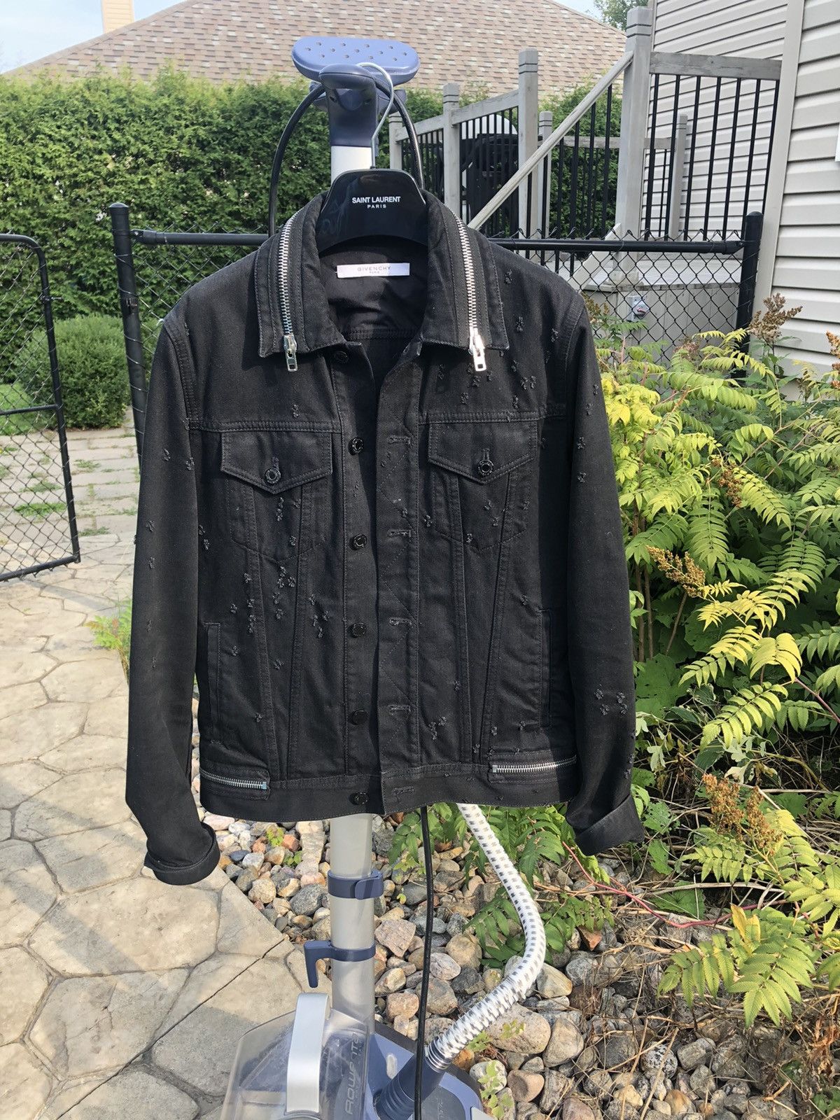 image of Givenchy Distressed Black Denim Zipper Jacket, Men's (Size Small)