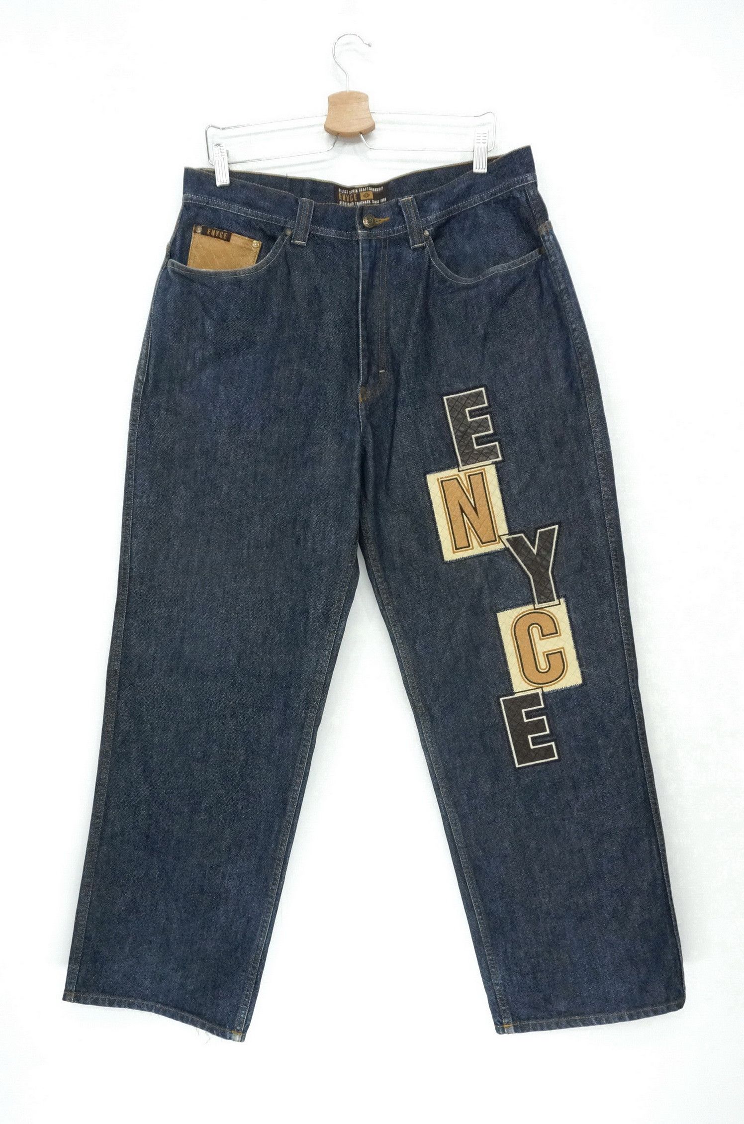 image of Vintage 90's Enyce Baggy Hip Hop Spell Out Patch Jeans in Dark Blue Denim, Men's (Size 34)