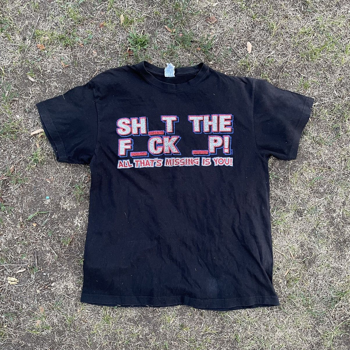 image of 90's Adult “ Sht Fck P” Art Humor Tee in Black, Men's (Size Medium)