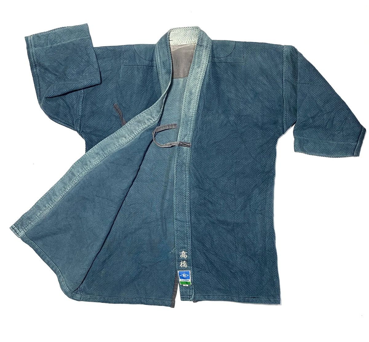 image of Cardigan x Komono Vintage Kendo Jacket Indigo Woven Cotton Drawstring Kimono in Blue (Size Medium)