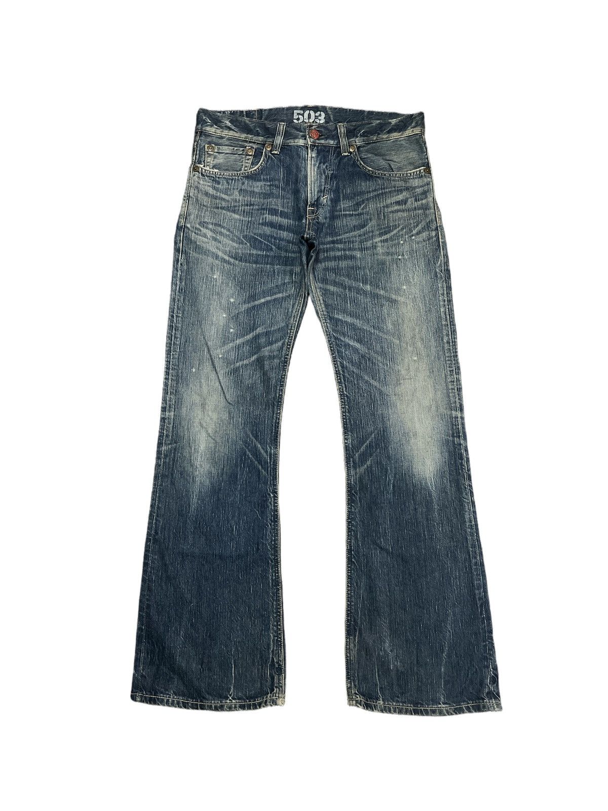 Japanese Brand FLARED💥EDWIN 503 BLUE TRIP DISTRESSED DENIM PANTS Size US 35 - 1 Thumbnail