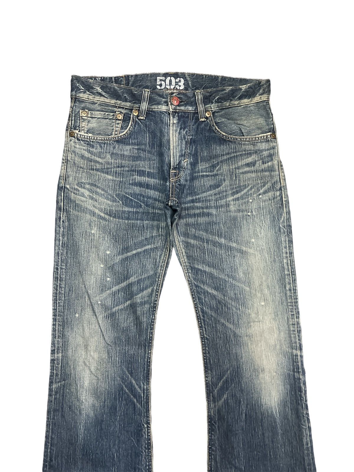 Japanese Brand FLARED💥EDWIN 503 BLUE TRIP DISTRESSED DENIM PANTS Size US 35 - 3 Thumbnail