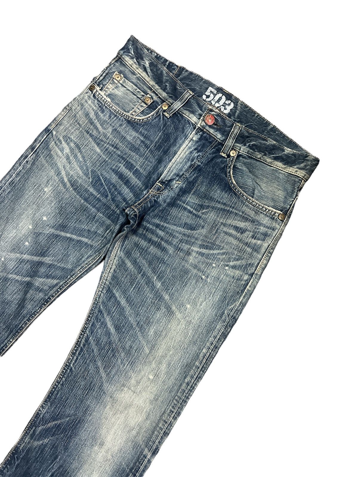 Japanese Brand FLARED💥EDWIN 503 BLUE TRIP DISTRESSED DENIM PANTS Size US 35 - 5 Thumbnail