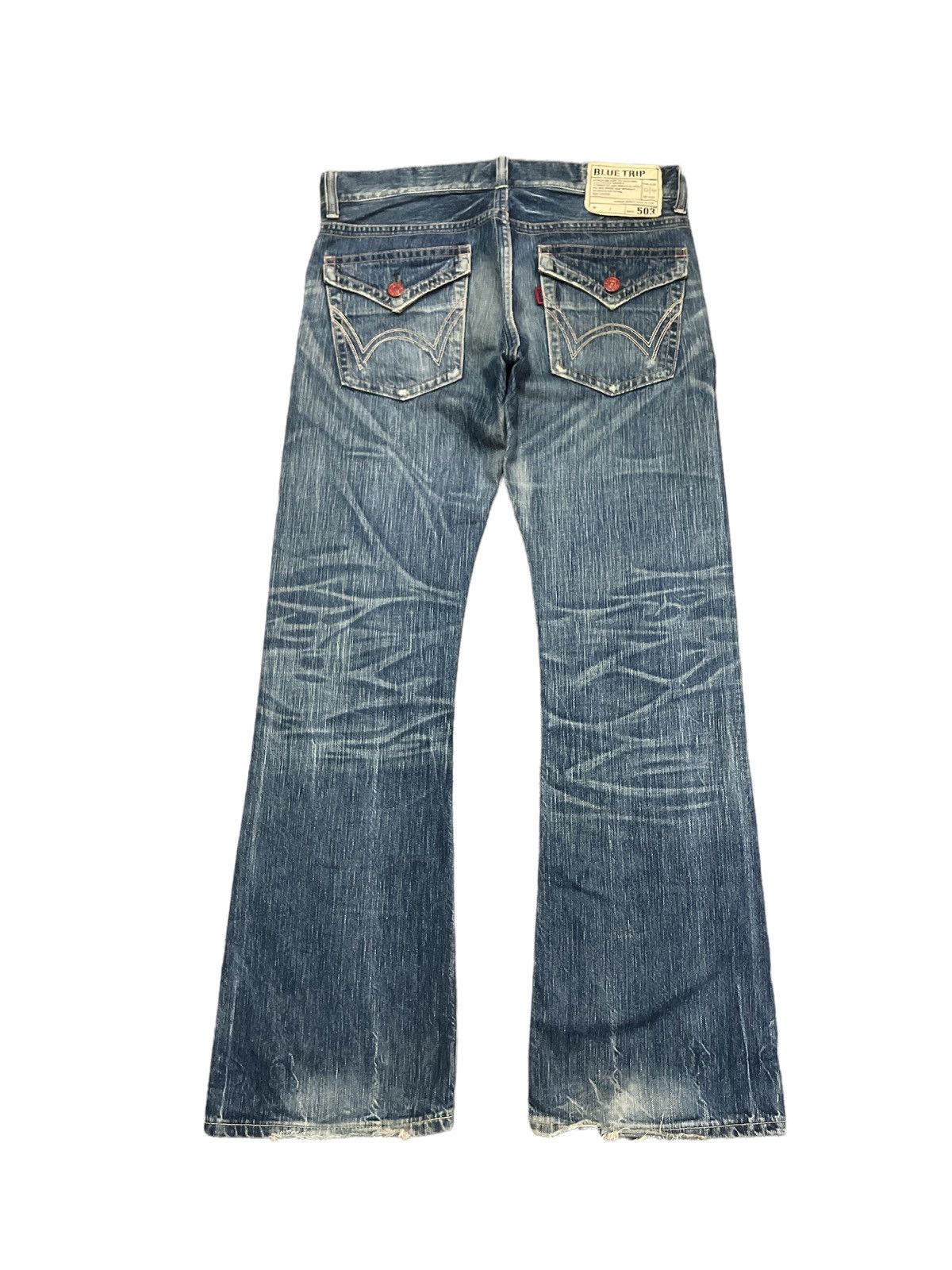 Japanese Brand FLARED💥EDWIN 503 BLUE TRIP DISTRESSED DENIM PANTS Size US 35 - 6 Thumbnail