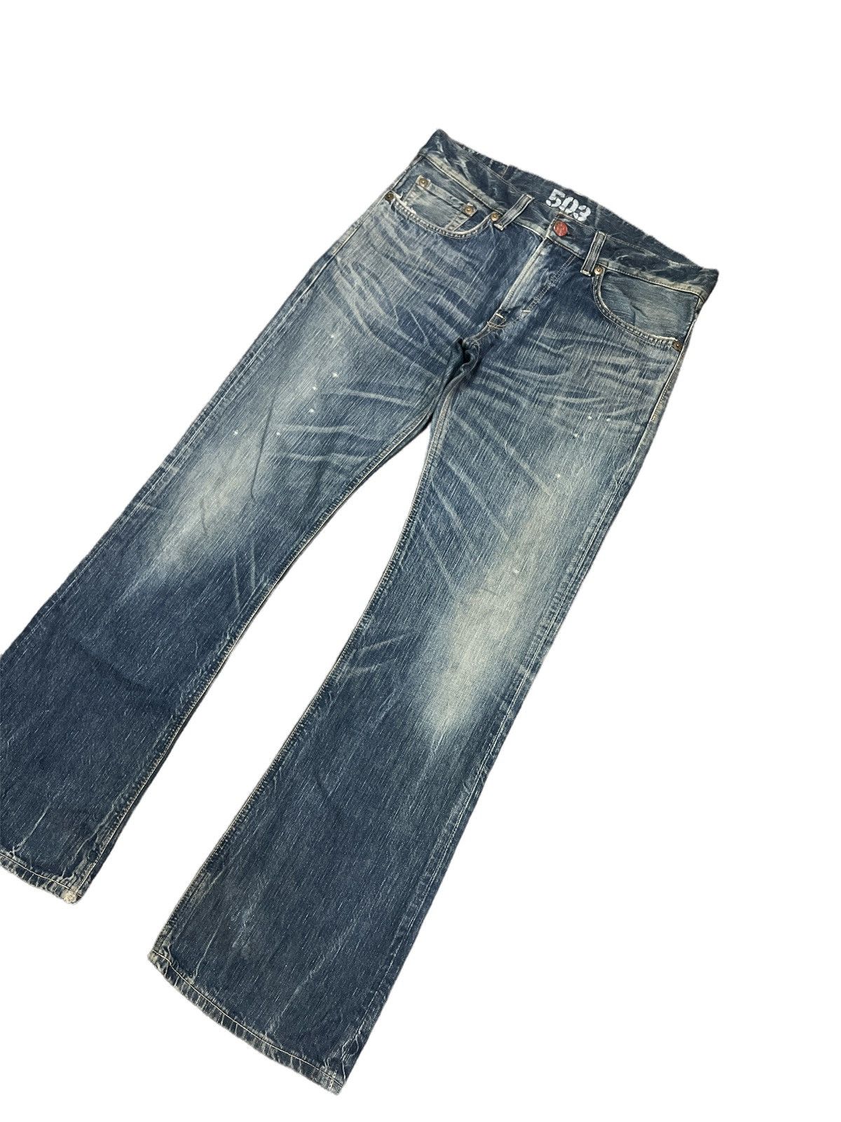 Japanese Brand FLARED💥EDWIN 503 BLUE TRIP DISTRESSED DENIM PANTS Size US 35 - 4 Thumbnail