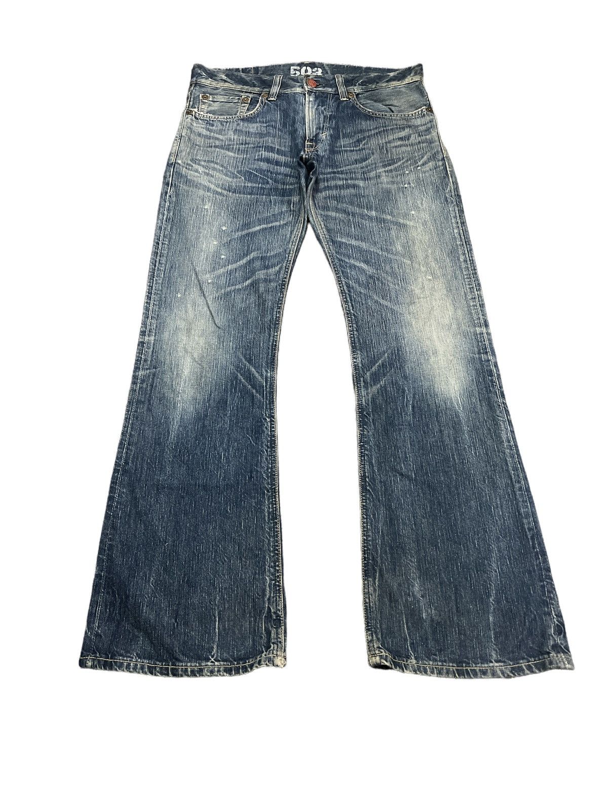 Japanese Brand FLARED💥EDWIN 503 BLUE TRIP DISTRESSED DENIM PANTS Size US 35 - 2 Thumbnail