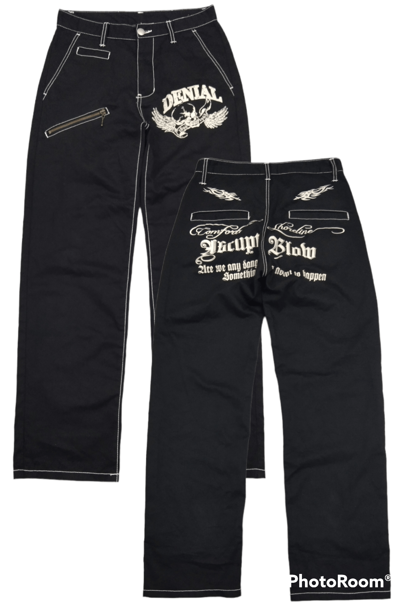Japanese Brand UNBRAND SKULL DENIAL SCRIPE BLACK CASUAL PANTS Size US 29 - 1 Thumbnail