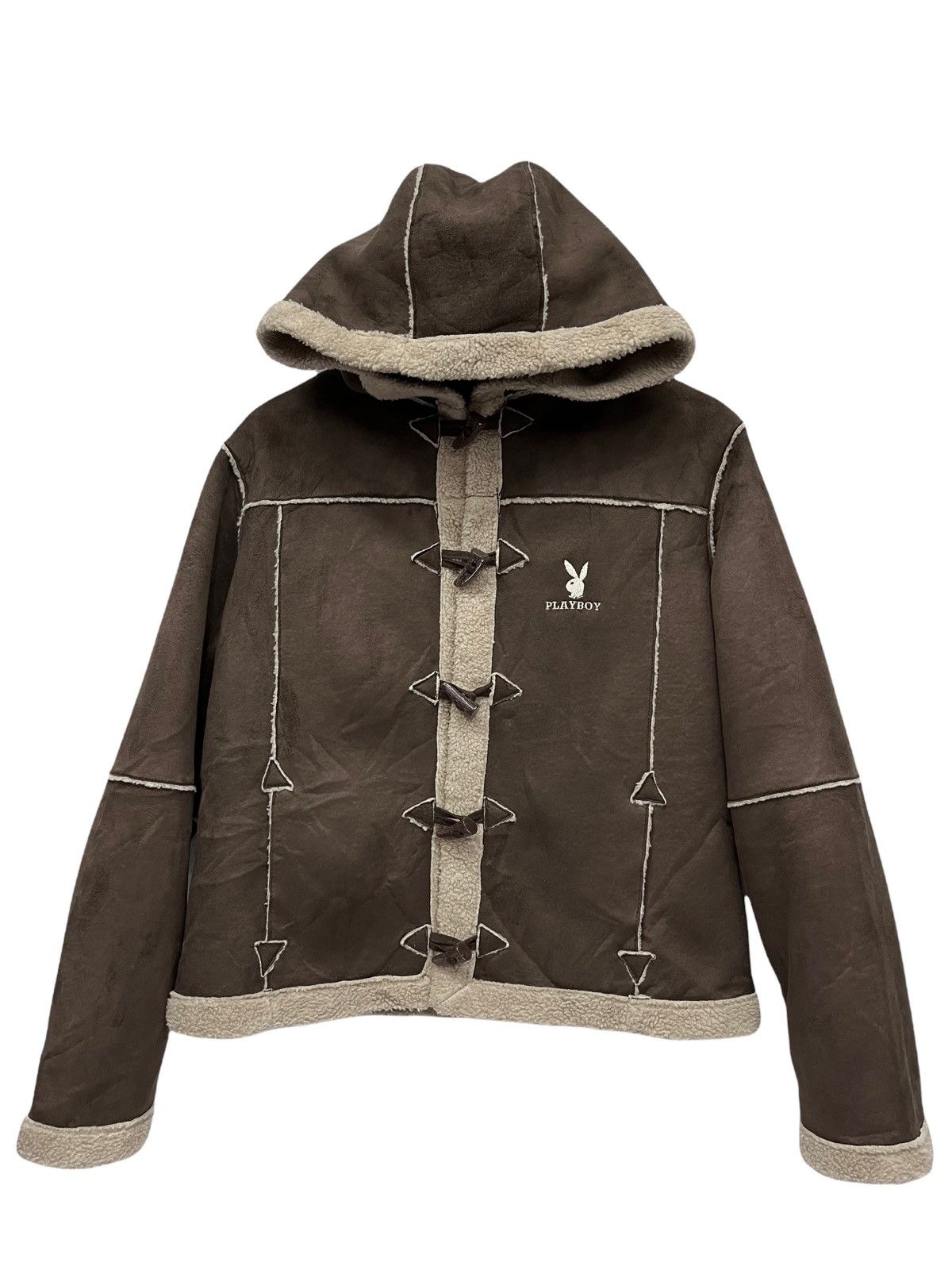 90’s PLAYBOY Faux Suede Sherpa Toggle Cropped Hoodie Jacket