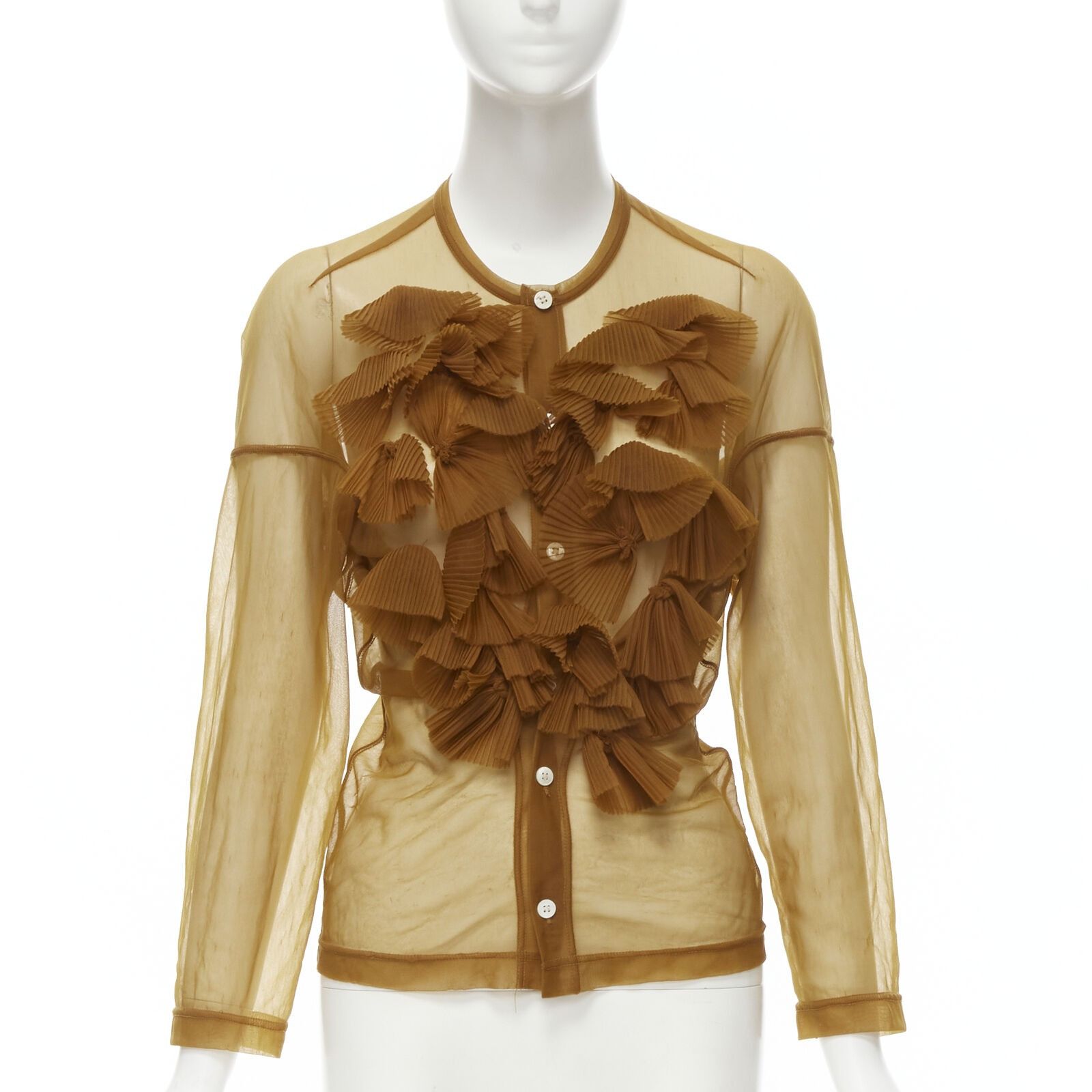 image of Comme Des Garcons 1990S Sheer Brown Pleated Ruffle Button Front Shirt M, Women's (Size Medium)