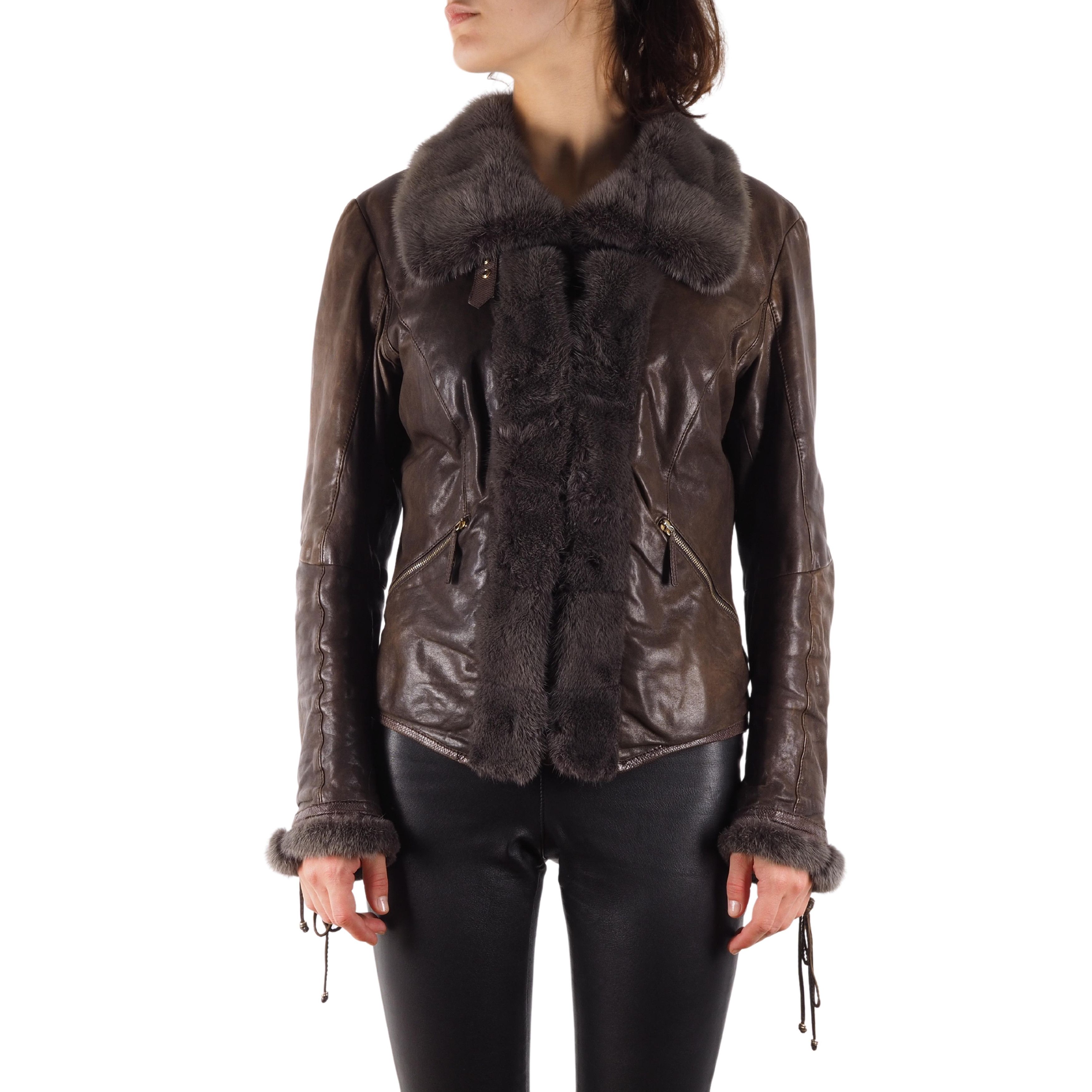 image of Roberto Cavalli Brown Lace Up Sleeve Fur Trim Leather Jacket, Women's (Size Medium)