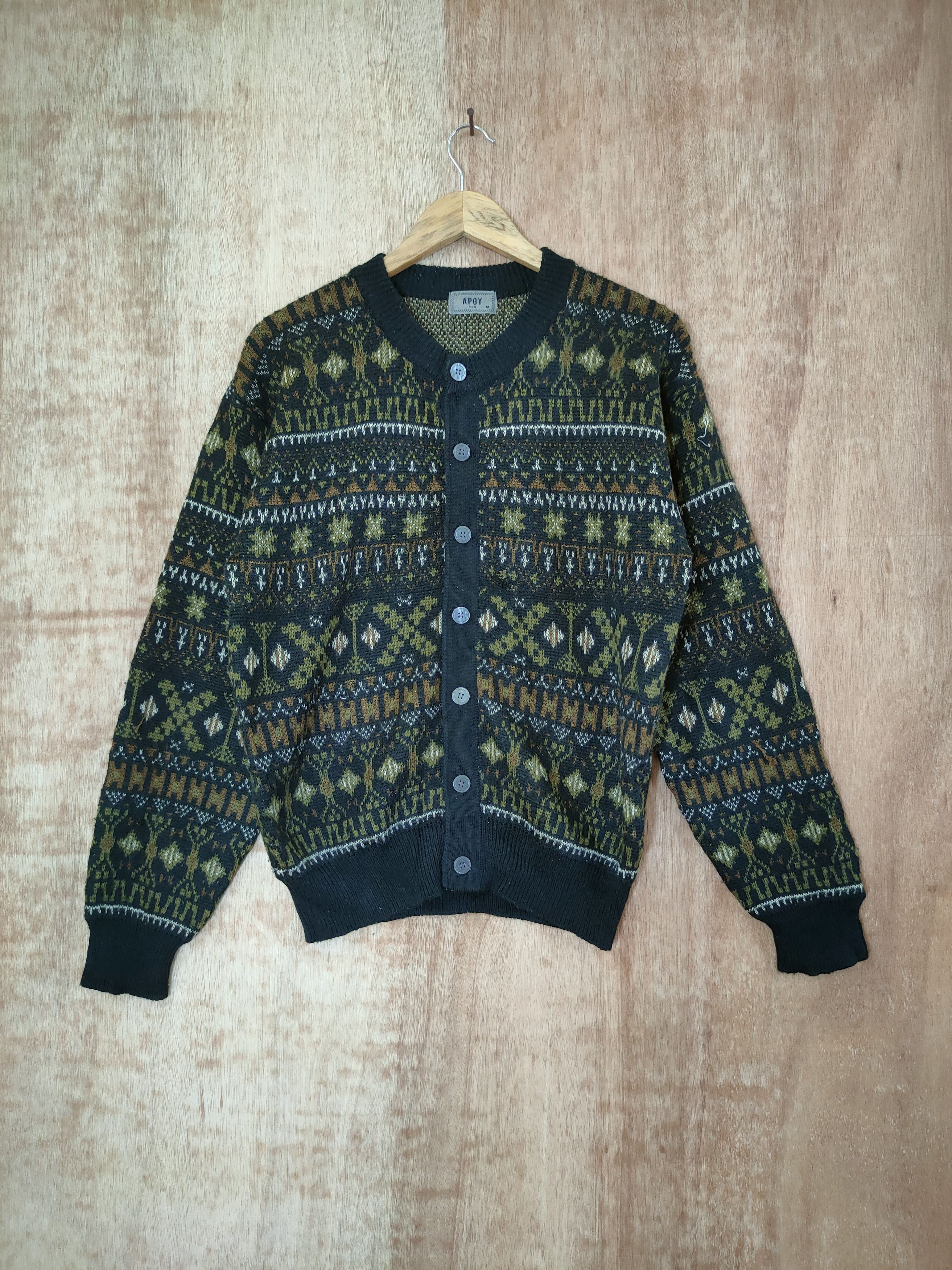image of Aran Isles Knitwear x Cardigan Apoy Men Cardigan Vintage Knitwear Art Japan Style 46-478 in Green (