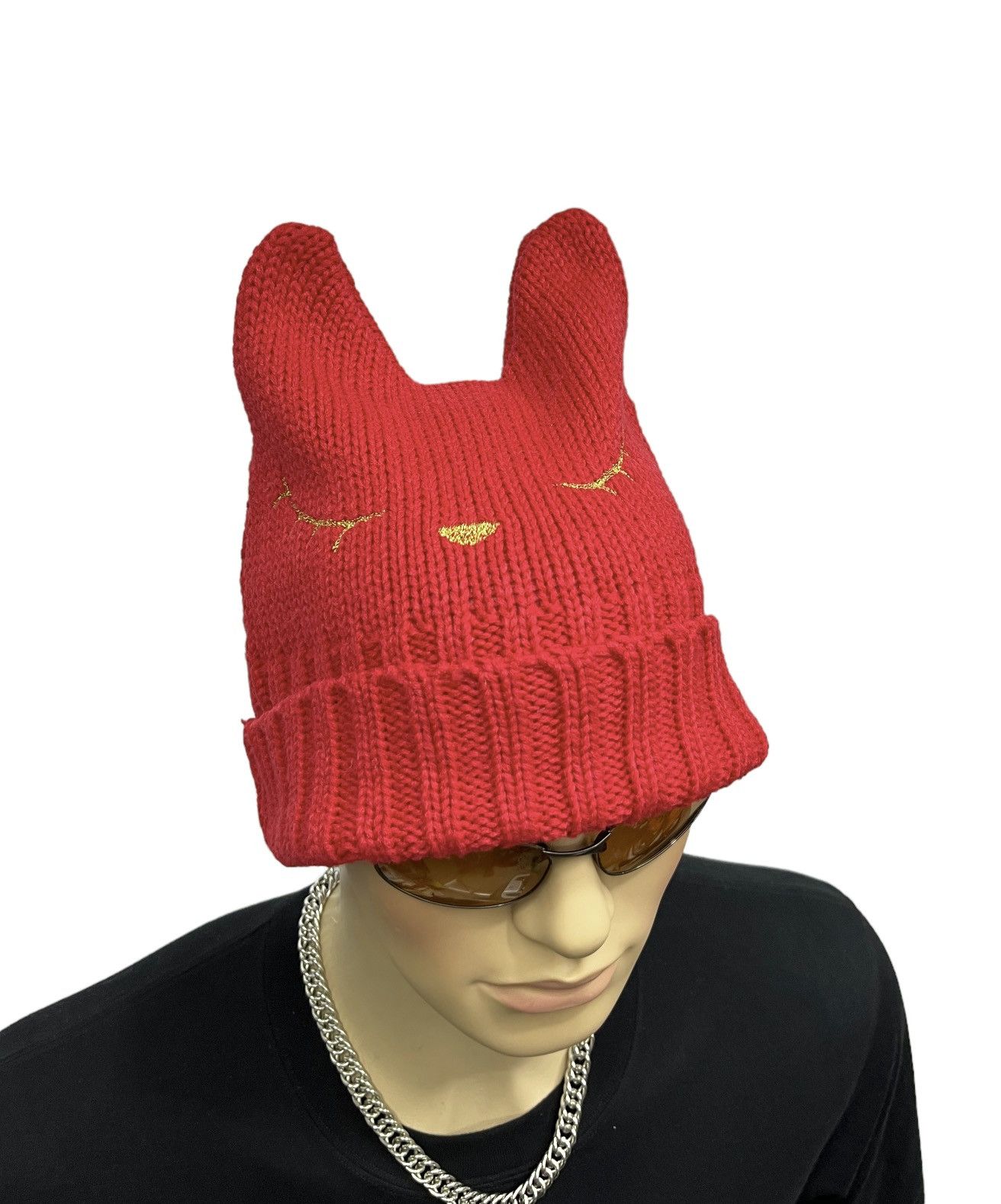 image of Vintage Horny Bunny Ears Acrylic Beanie Tsumori Chisato Cats Style in Red, Men's