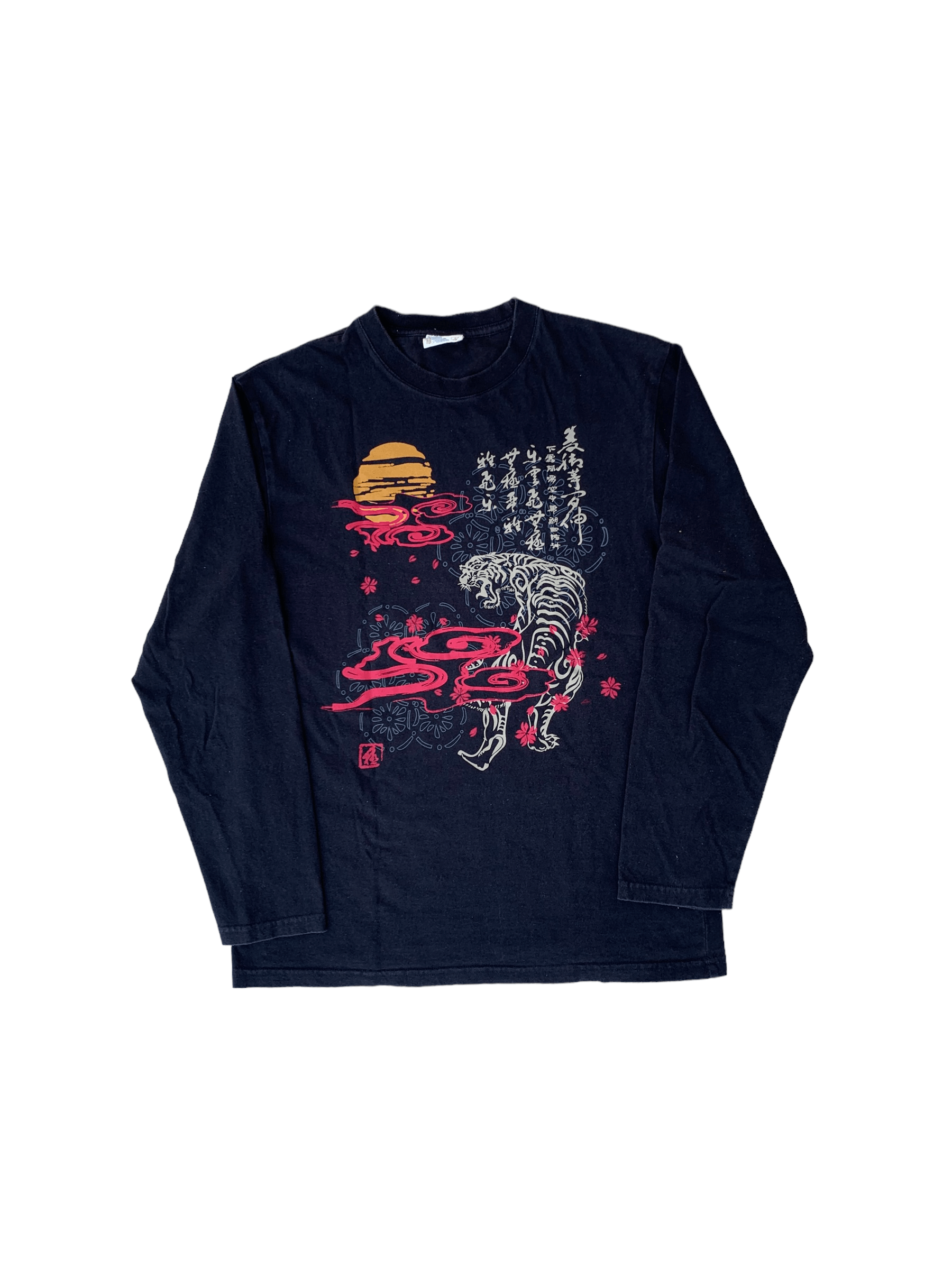 image of Vintage Karakuri Tiger Motive Sukajan Long sleeve Tshirt in Black, Men's (Size Medium)