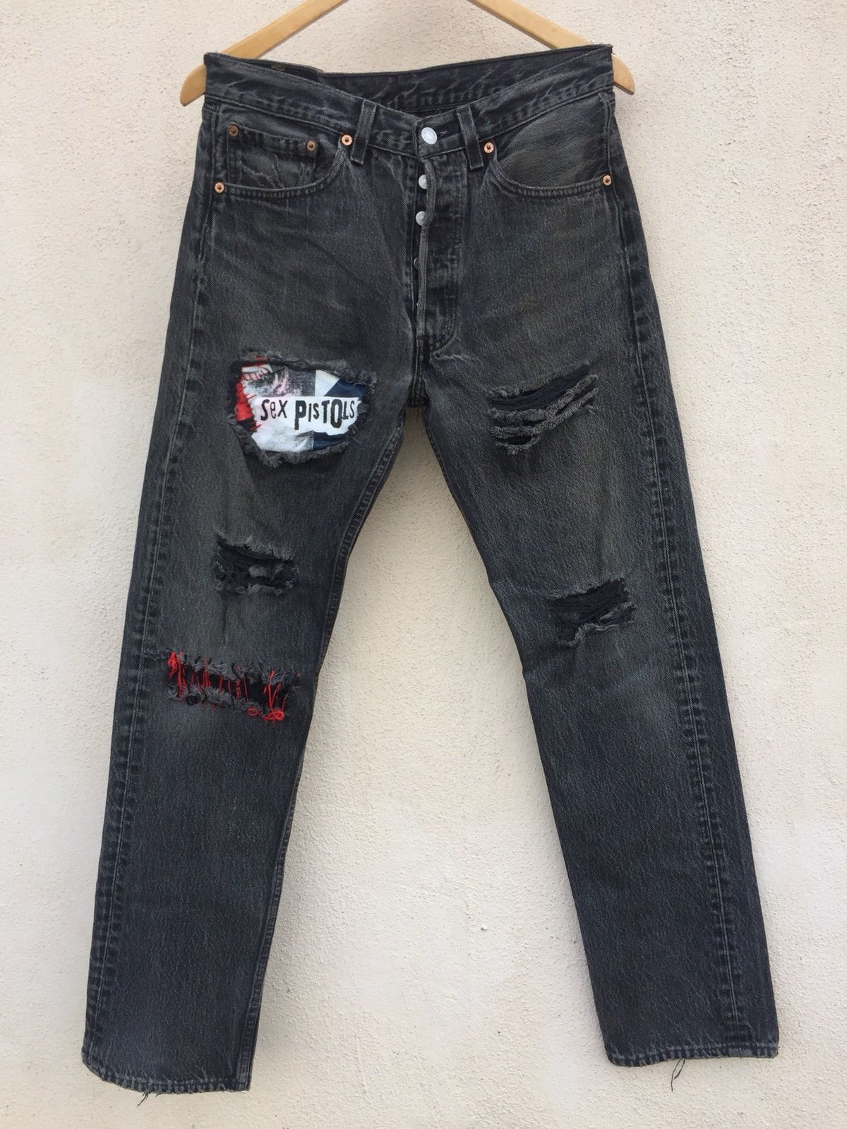 Distressed Levis 501 x Sex Pistols Patches