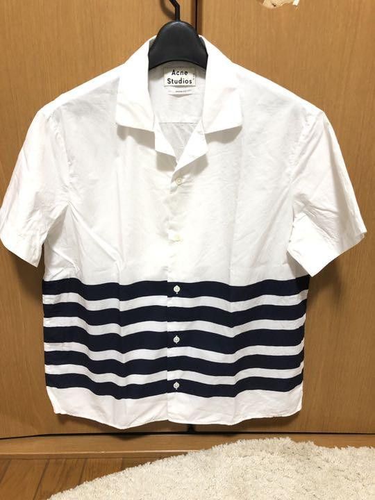 image of Acne Studios Ss15 Boxy Striped Open Collar Short Sleeve Button Shirt in White, Men's (Size Small)