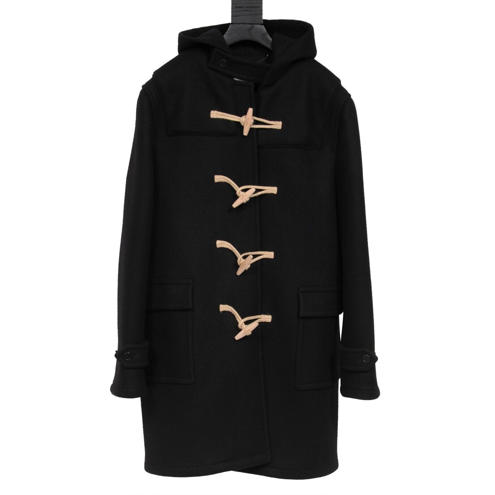 Pre-owned Saint Laurent Black Wool Hooded Duffle Coat Jacket