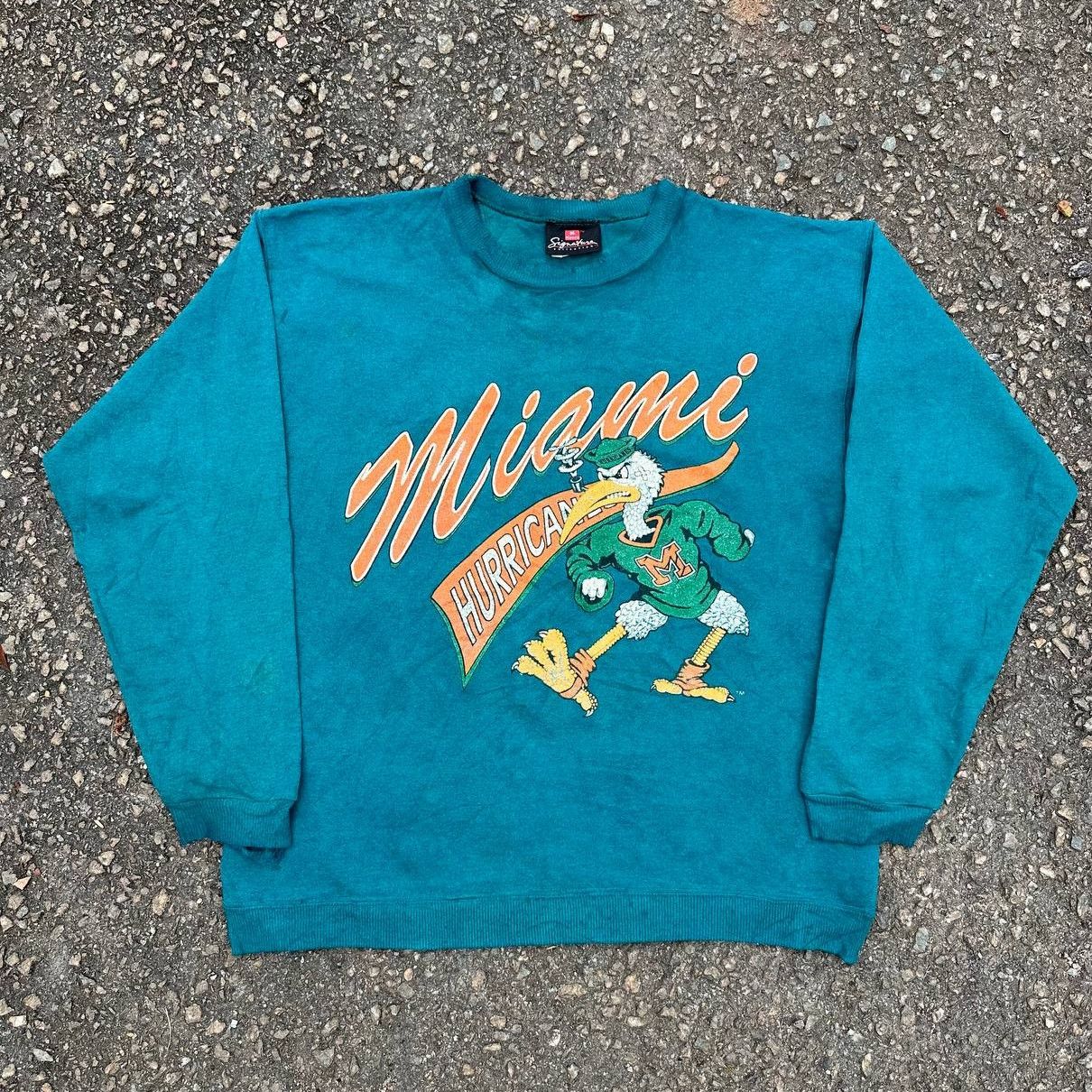 image of Vintage Miami Hurricanes College Distressed Sweatshirt in Green Sun Faded, Men's (Size XL)