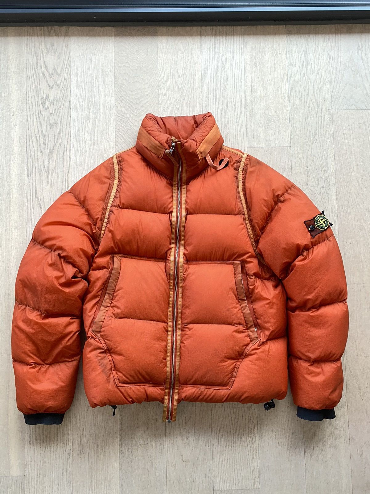 image of Stone Island Opaque Nylon Tela Goose Down Jacket in Orange, Men's (Size XL)