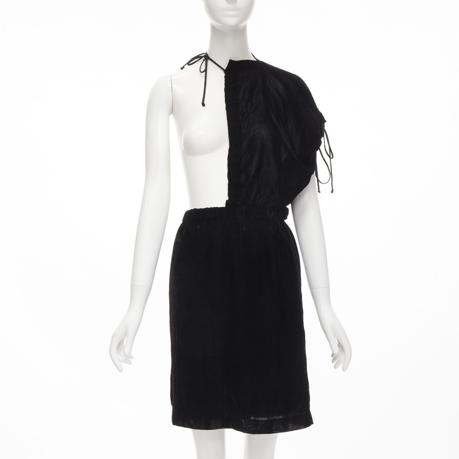 image of Vintage Comme Des Garcons 1990 Black Velvet Drawstring Sash Knee Length Skirt M, Women's (Size 28)