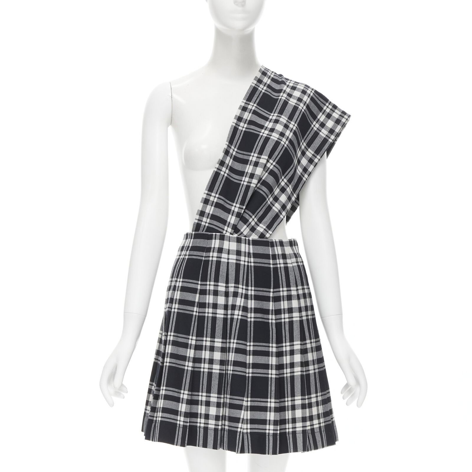 image of Tricot Comme Des Garcons 1980S Vintage Plaid Check Sash Pleated Skirt M in Black, Women's (Size 28)