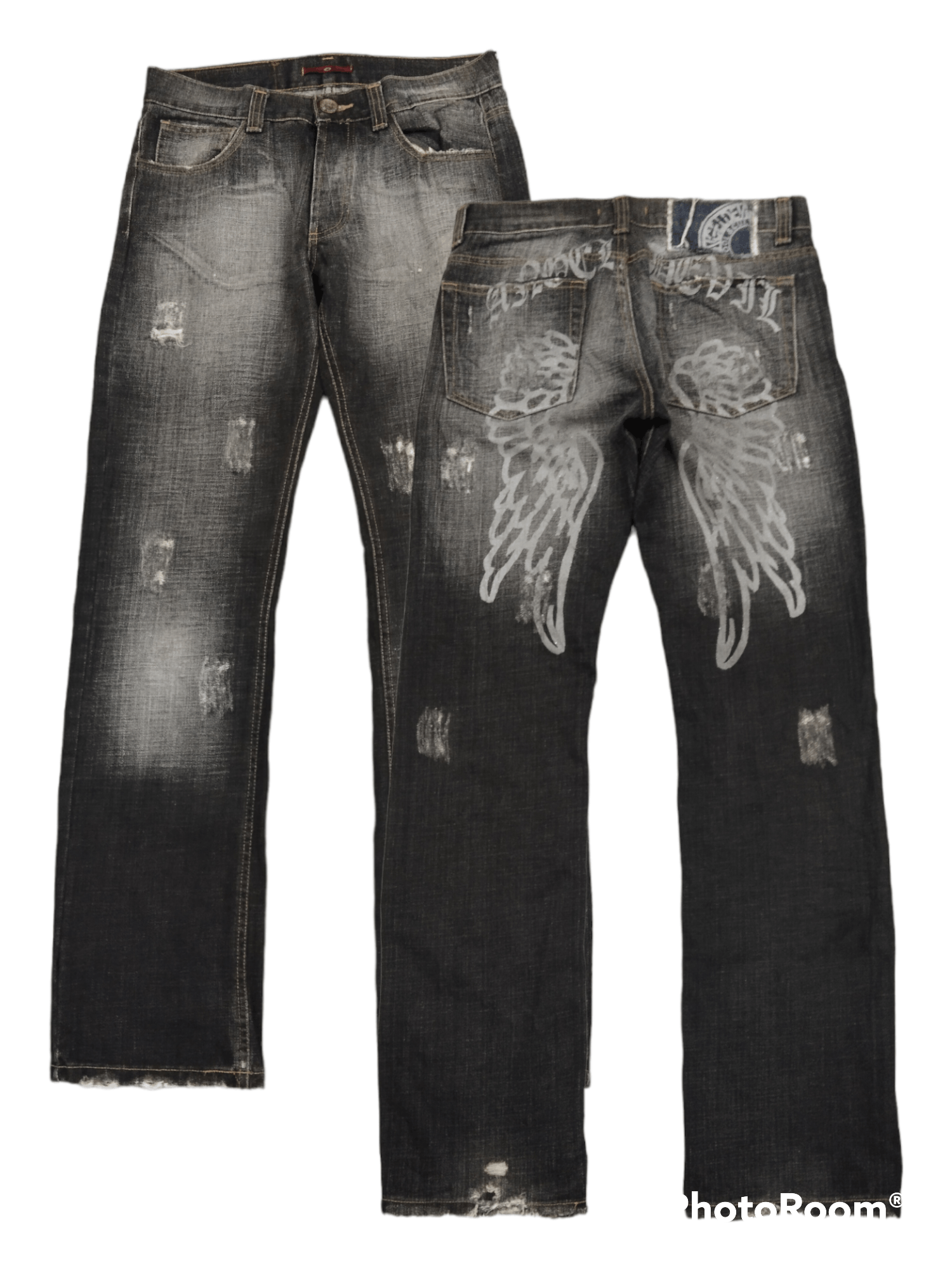 image of Distressed Denim x Hype Sick Riped A.devil Wing Denim Pants in Black Grey Distressed (Size 30)