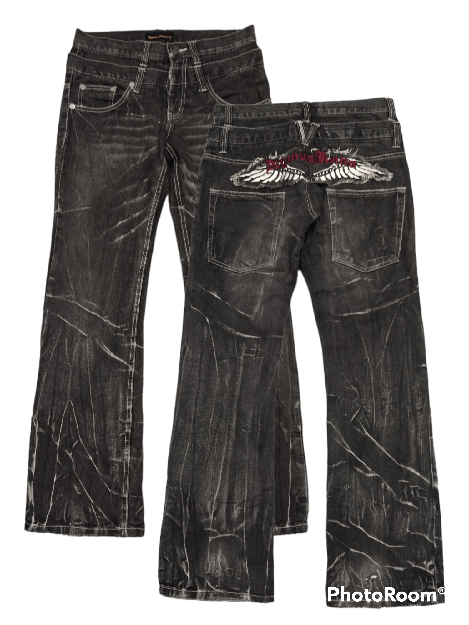 image of Avant Garde Flare Sick Washed Nylaus Denim Pant in Black Grey Distressed, Men's (Size 31)