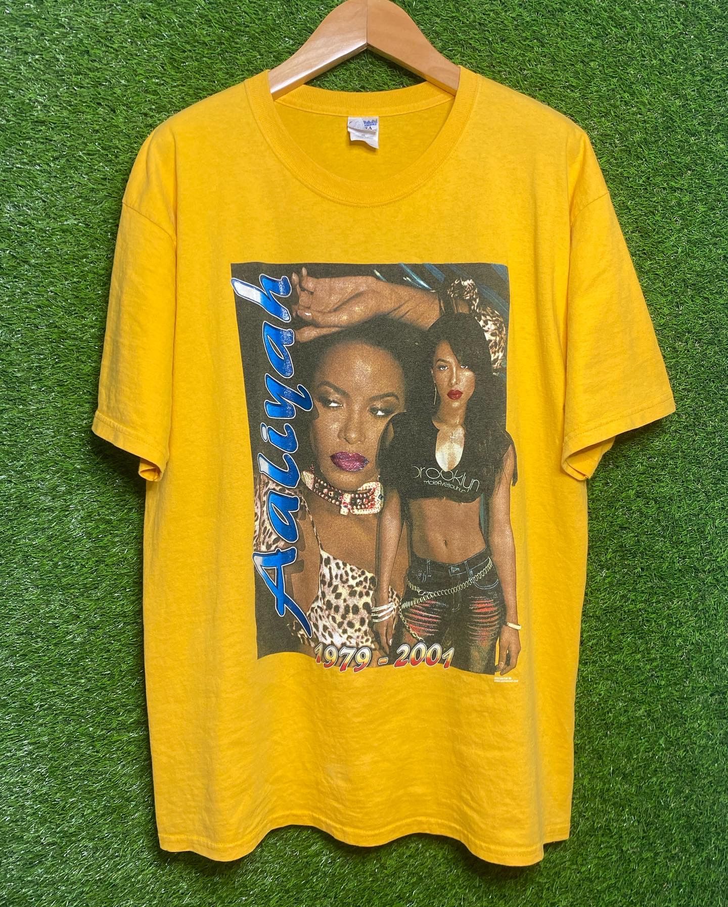 image of Rap Tees x Vintage Aaliyah Memorial 2002 Rap Tee T-Shirt in Yellow, Men's (Size XL)