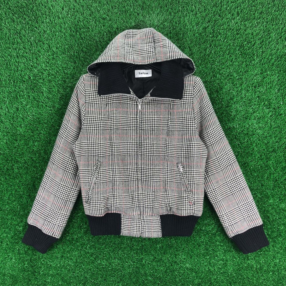 image of Avant Garde x Vintage Wool Houndstooth Bomber Style Jacket Hoodie, Women's (Size XS)