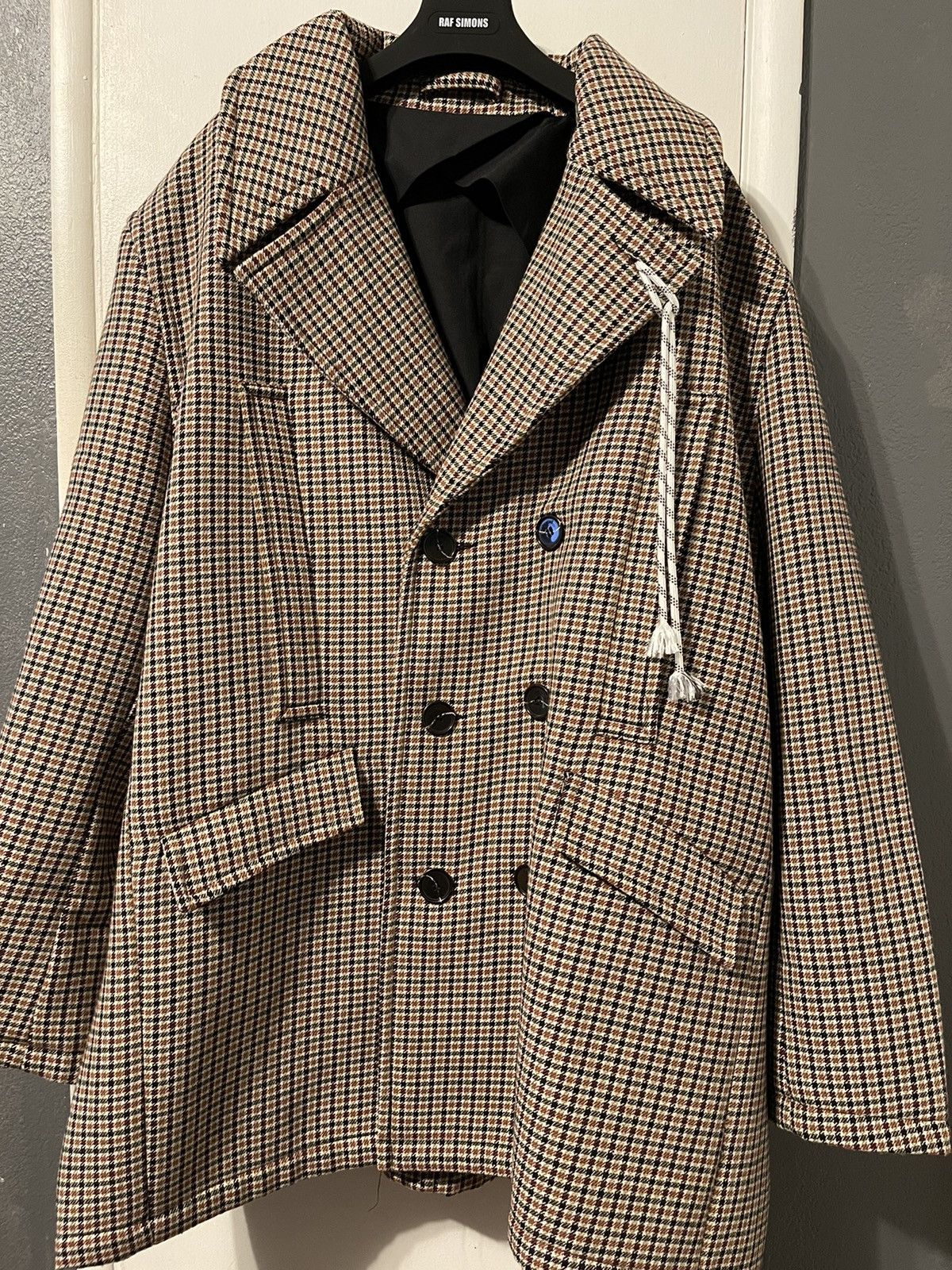 Image of Raf Simons Redux Oversized Checkered Caban Coat in Brown, Men's (Size 2XL)