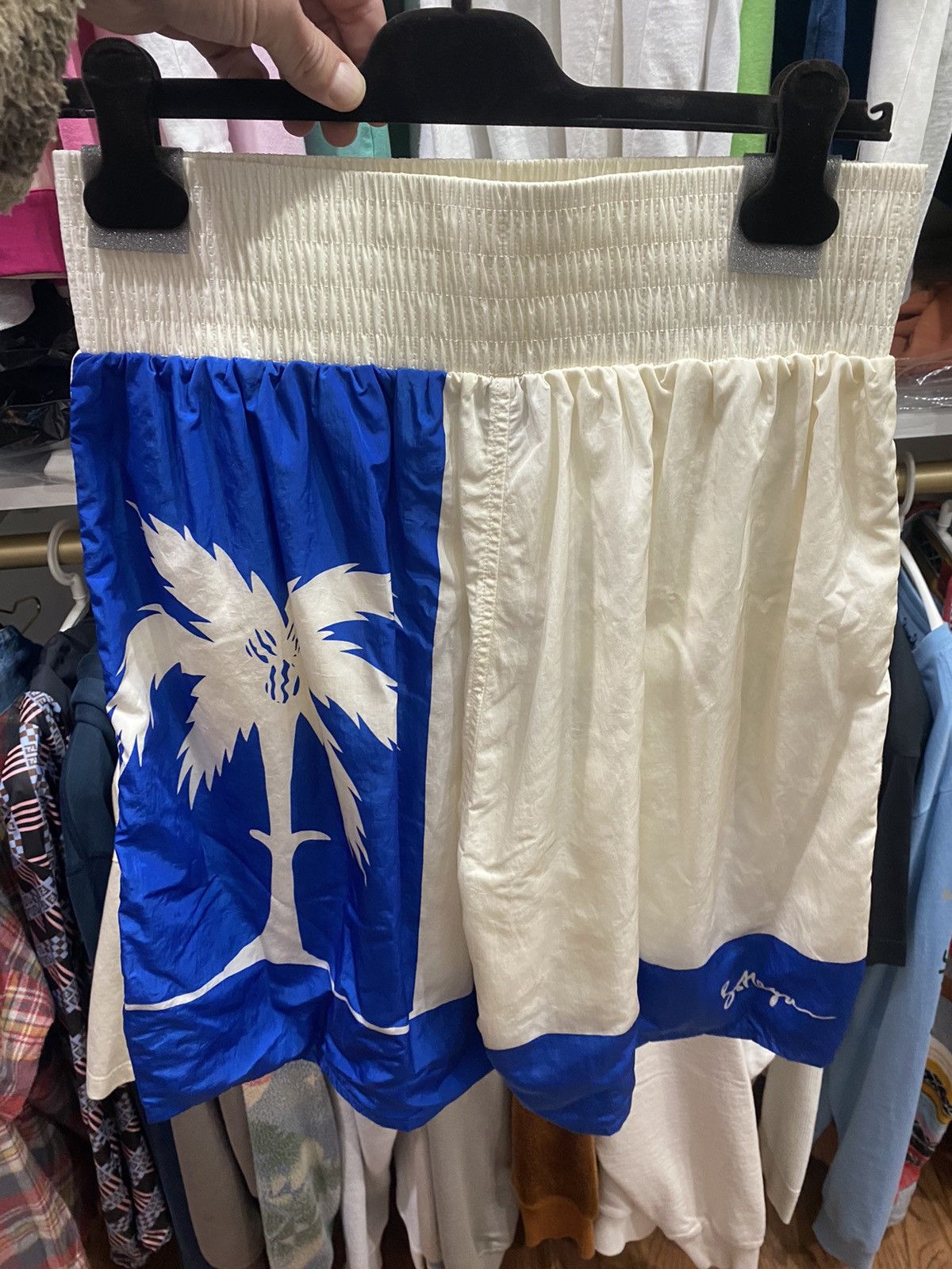 image of Bottega Veneta Tropical Palm Shorts in Ivory Blue, Men's (Size 32)