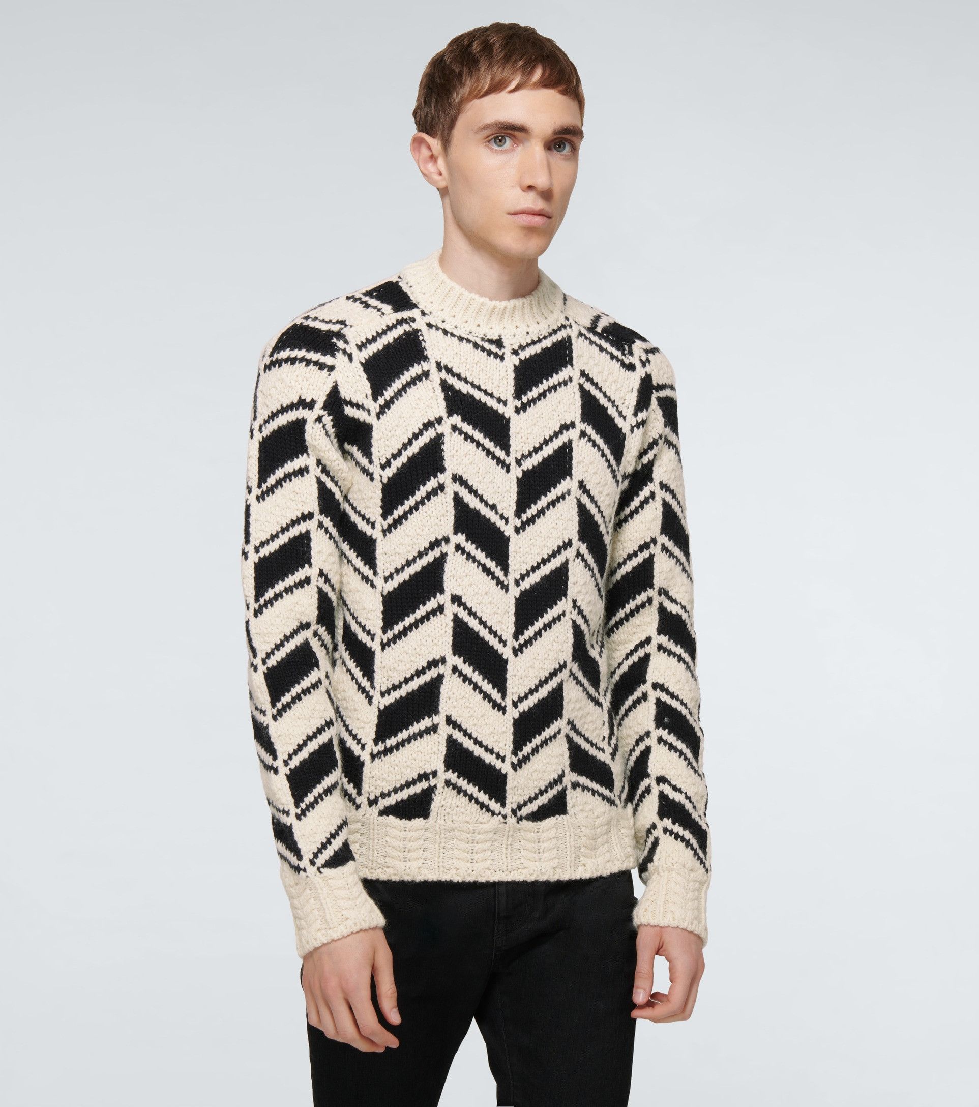 image of Saint Laurent Paris Saint Laurent Monochrome Chevron Jacquard Sweater in Black White (Size Large)