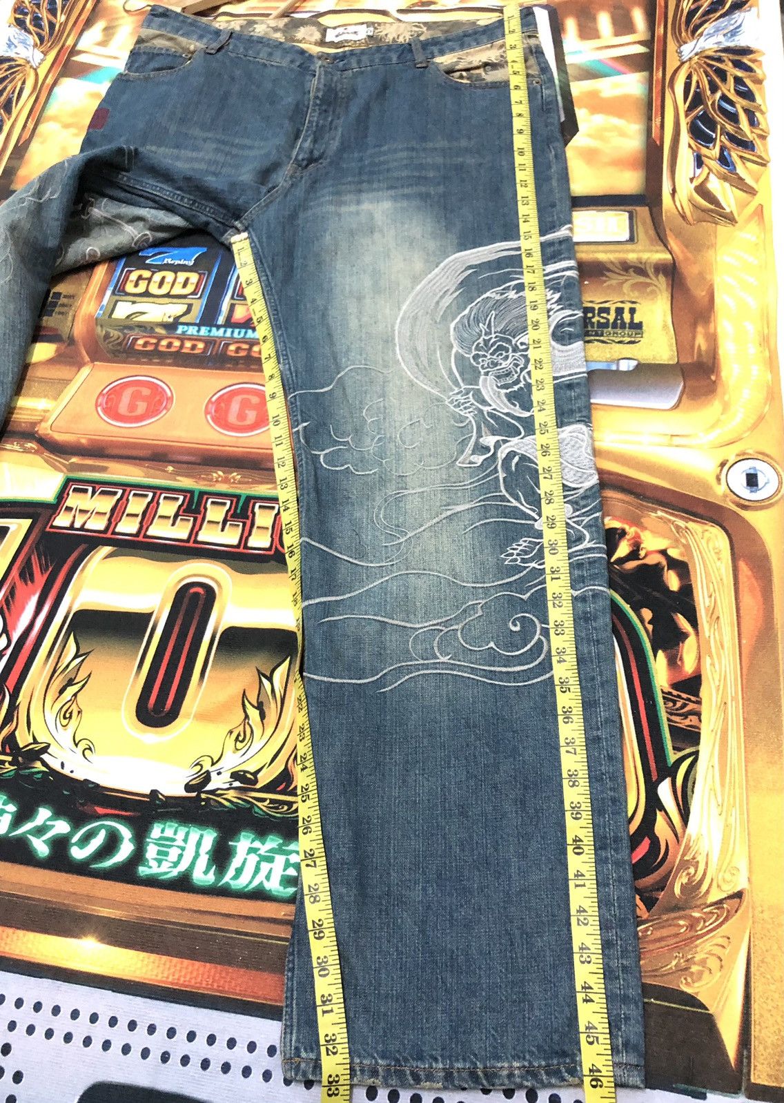 Japanese Brand × Vintage VINTAGE KARAKURI TAMASHI RAIJIN GOD EMBROIDERY SUKAJAN DENIM Size US 40 / EU 56 - 14 Thumbnail