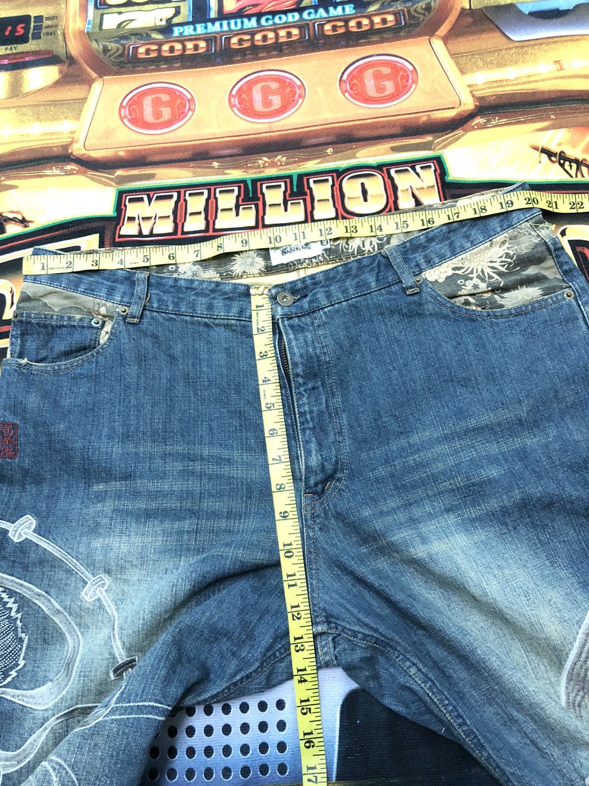 Japanese Brand × Vintage VINTAGE KARAKURI TAMASHI RAIJIN GOD EMBROIDERY SUKAJAN DENIM Size US 40 / EU 56 - 13 Thumbnail