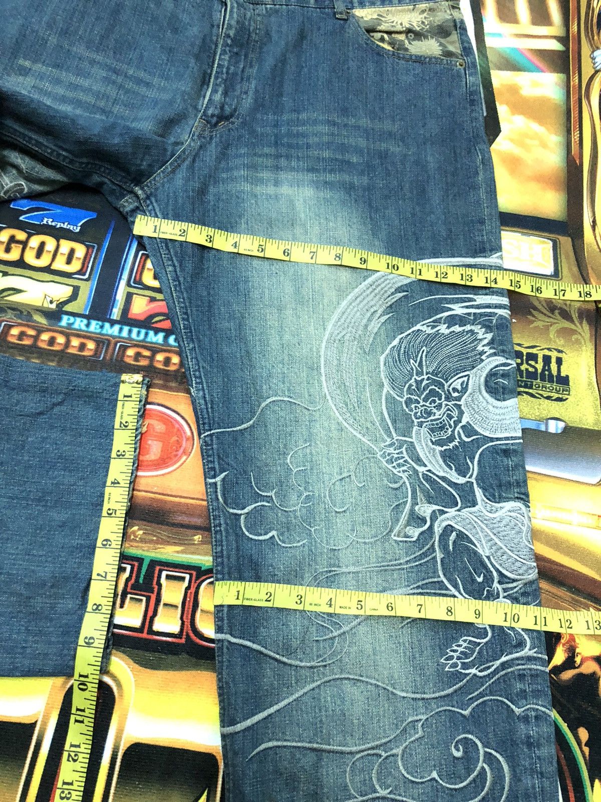 Japanese Brand × Vintage VINTAGE KARAKURI TAMASHI RAIJIN GOD EMBROIDERY SUKAJAN DENIM Size US 40 / EU 56 - 15 Thumbnail