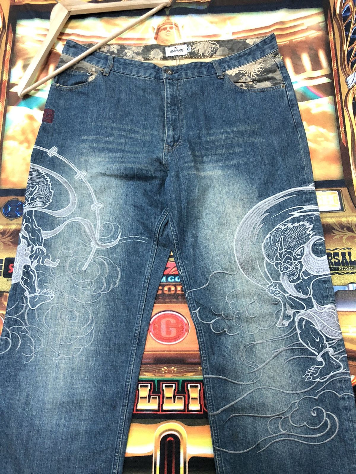 Japanese Brand × Vintage VINTAGE KARAKURI TAMASHI RAIJIN GOD EMBROIDERY SUKAJAN DENIM Size US 40 / EU 56 - 5 Thumbnail