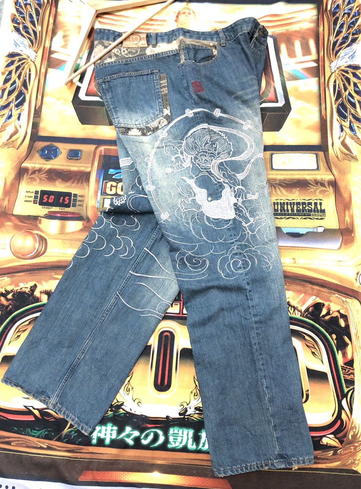 Japanese Brand × Vintage VINTAGE KARAKURI TAMASHI RAIJIN GOD EMBROIDERY SUKAJAN DENIM Size US 40 / EU 56 - 1 Thumbnail