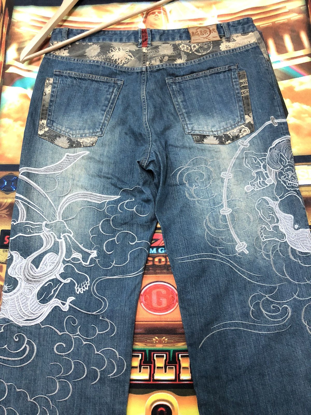 Japanese Brand × Vintage VINTAGE KARAKURI TAMASHI RAIJIN GOD EMBROIDERY SUKAJAN DENIM Size US 40 / EU 56 - 9 Thumbnail