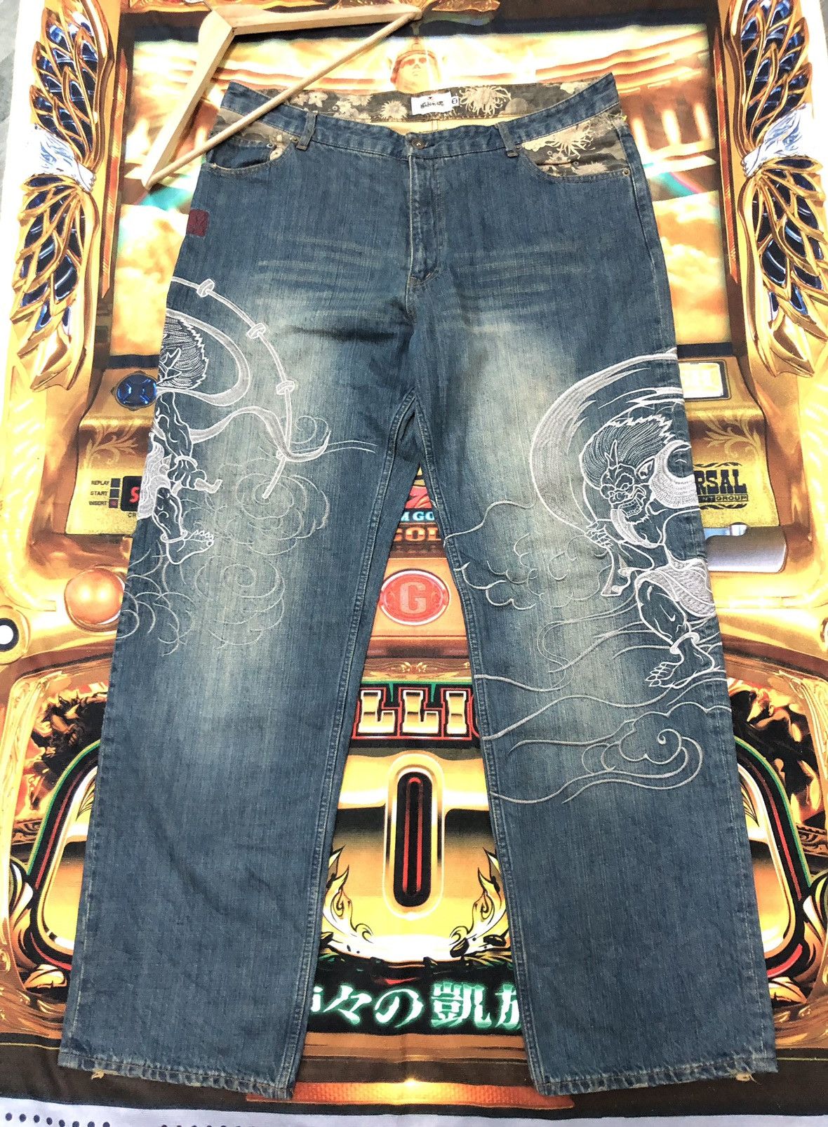 Japanese Brand × Vintage VINTAGE KARAKURI TAMASHI RAIJIN GOD EMBROIDERY SUKAJAN DENIM Size US 40 / EU 56 - 4 Thumbnail