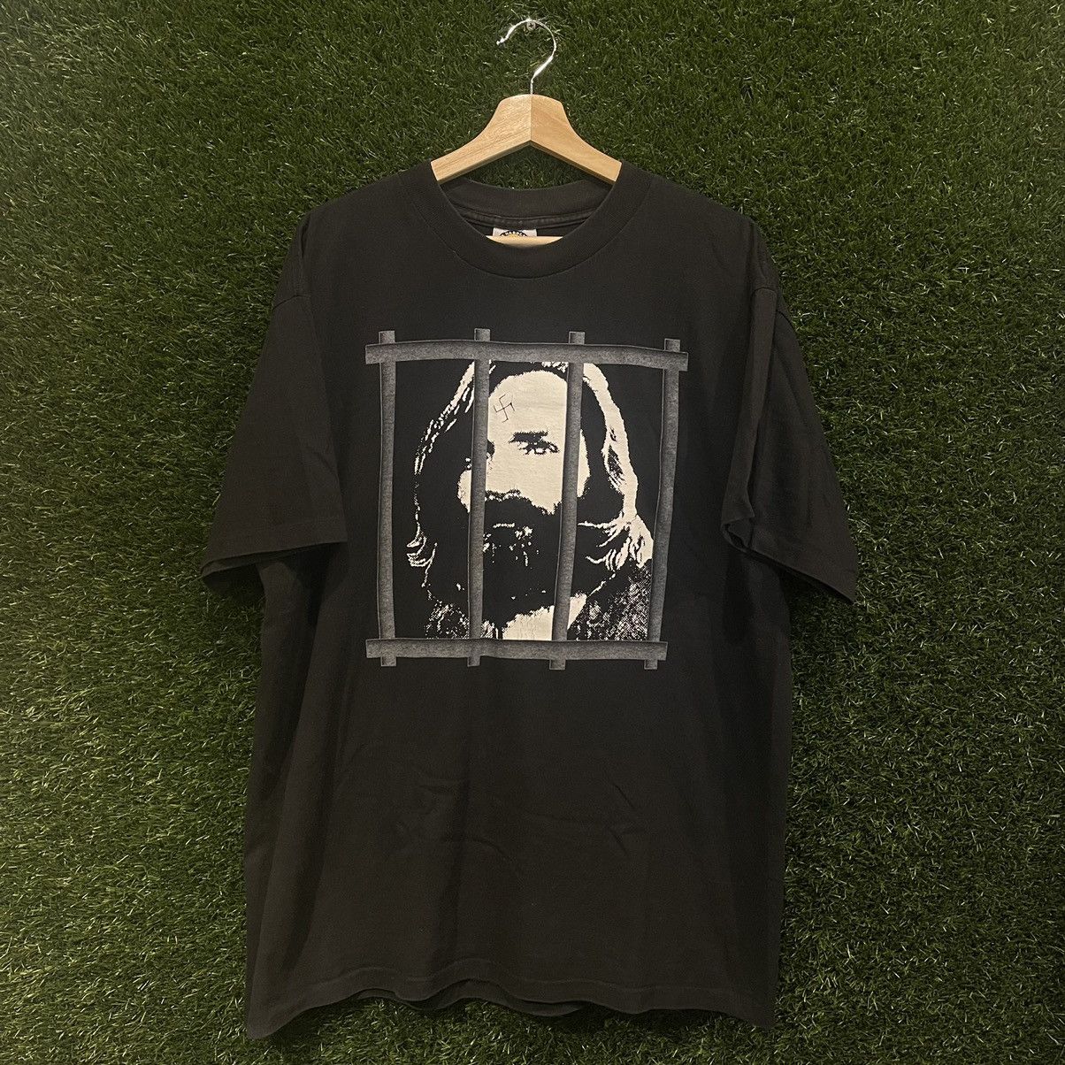 image of Charles Manson (Charlie Will Never Surf!) Vintage Tee in Black, Men's (Size XL)