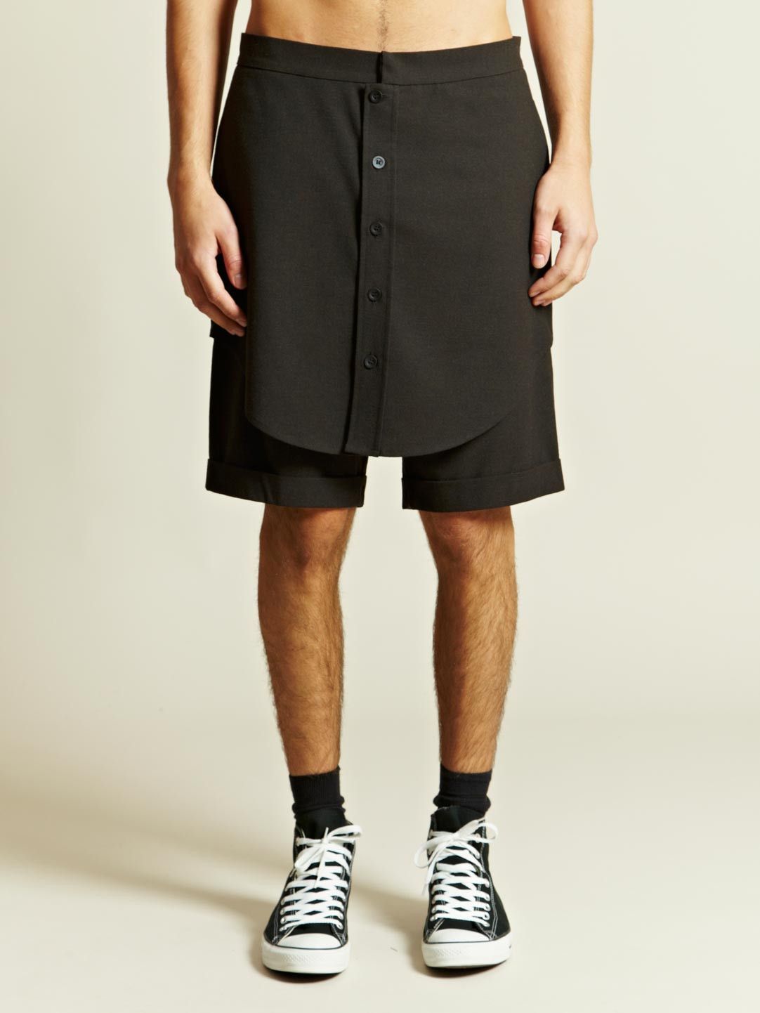 image of Thamanyah Fw12 Black Wool Skirted Kilt Shorts Size 44, Men's