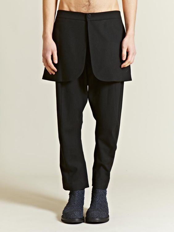 image of Thamanyah Ss12 Black Wool Skirted Kilt Demi Costume Pants Sz42, Men's (Size 27)